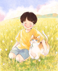 Rule 34 | 1boy, absurdres, black hair, blue sky, blush, cat, cloud, cloudy sky, day, closed eyes, flower, flower in mouth, grey shorts, highres, male focus, open mouth, original, outdoors, plant, shirt, short hair, short sleeves, shorts, sitting, sky, smile, solo, white flower, yellow flower, yellow shirt, yoovora