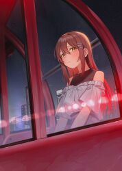 Rule 34 | 1girl, absurdres, bare shoulders, blush, brown hair, building, city, city lights, cityscape, closed mouth, ferris wheel, hair ornament, hairclip, highres, long hair, looking at viewer, night, night sky, nyum, off-shoulder shirt, off shoulder, original, outdoors, reflection, shirt, sitting, sky, skyscraper, solo, upper body, yellow eyes