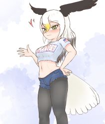 Rule 34 | 1girl, alternate costume, american flag, bald eagle (kemono friends), black hair, blonde hair, blush, breasts, casual, closed mouth, female focus, green eyes, half-shirt, head wings, heart, highres, jeans shorts, kemono friends, leggings, leggings under shorts, looking at viewer, medium breasts, medium hair, midriff, multicolored hair, navel, nokemono-san (bocchi friend), nose blush, pantyhose, shirt, shorts, simple background, solo, tail, thighs, upper body, white hair, wings