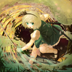 Rule 34 | 1girl, absurdres, ankle socks, black footwear, blonde hair, bridge, cherry blossoms, commentary request, ekaapetto, green eyes, green skirt, green vest, hair ribbon, highres, holding, holding sword, holding weapon, katana, konpaku youmu, konpaku youmu (ghost), leaf, leaning forward, looking at viewer, motion blur, open mouth, outdoors, partial commentary, puffy short sleeves, puffy sleeves, ribbon, scabbard, sheath, shirt, short hair, short sleeves, skirt, socks, solo, standing, standing on one leg, sword, touhou, vest, weapon, white shirt, white socks