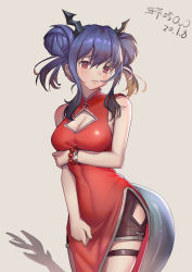 Rule 34 | 1girl, absurdres, arknights, bare arms, bare shoulders, bead bracelet, beads, black shorts, blue hair, blush, bracelet, breast hold, breasts, ch&#039;en (ageless afterglow) (arknights), ch&#039;en (arknights), china dress, chinese clothes, cleavage, cleavage cutout, clothing cutout, covered navel, cowboy shot, dated, double bun, dress, grey background, haidaita, hair between eyes, hair bun, highres, hip vent, horns, jewelry, looking at viewer, medium breasts, official alternate costume, red dress, red eyes, short hair, short shorts, shorts, sidelocks, simple background, sleeveless, sleeveless dress, solo, standing, tail, thigh strap, translation request, twintails