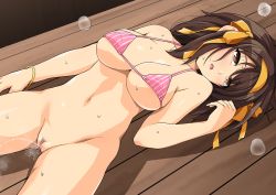 Rule 34 | 1girl, bikini, bracelet, breasts, brown eyes, brown hair, cleavage, commentary request, eyes visible through hair, hairband, hand to head, haruhisky, highres, jewelry, large breasts, lying, micro bikini, navel, open mouth, peeing, solo, spread legs, string bikini, striped bikini, striped clothes, suzumiya haruhi, suzumiya haruhi no yuuutsu, sweatdrop, swimsuit, table, underboob, waiting, yellow hairband