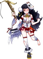 Rule 34 | 1girl, artist request, black hair, blush, bowgun, broken, broken weapon, detached sleeves, fox mask, full body, holding, holding weapon, long hair, mask, mask on head, official art, one eye closed, oshiro project:re, oshiro project:re, pleated skirt, red skirt, sanbonmatsu (oshiro project), skirt, solo, thighhighs, torn clothes, torn skirt, torn thighhighs, transparent background, very long hair, wavy hair, wavy mouth, weapon, yellow eyes