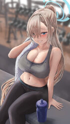Rule 34 | 1girl, alternate costume, asuna (blue archive), bare arms, bare shoulders, black pants, blue archive, blue eyes, blurry, blurry background, blush, bottle, breasts, brown hair, cleavage, collarbone, commentary, grey sports bra, grin, halo, highres, large breasts, looking at viewer, mole, mole on breast, navel, pants, parted lips, ponytail, silver bullet (ecc12 8), sitting, sleeveless, smile, solo, sports bra, sweat, teeth, thighs, towel, very sweaty