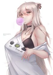 Rule 34 | 1girl, ahoge, animal ears, artist name, belt collar, black bra, blush, bra, breasts, blowing bubbles, chewing gum, clothes pull, collar, ear piercing, grey eyes, grey hair, hair between eyes, hololive, jewelry, large breasts, lion ears, lion girl, long hair, looking at viewer, myth1carts, oversized clothes, oversized shirt, pendant, piercing, shirt, shirt pull, shishiro botan, shishiro botan (casual), solo, twitter logo, underwear, virtual youtuber, white background