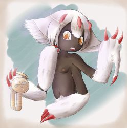 Rule 34 | 1girl, black skin, breasts, claws, collarbone, colored skin, extra arms, faputa, fur, goggles, hair between eyes, highres, horns, looking at viewer, made in abyss, navel, open mouth, orange eyes, small breasts, solo, teeth, white hair