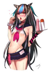 Rule 34 | 1girl, bare shoulders, black hair, black nails, blue hair, blue skirt, breasts, choker, collarbone, commentary request, condom, cowboy shot, danganronpa (series), danganronpa 2: goodbye despair, dildo, ear piercing, fake horns, hair horns, highres, holding, holding plate, horns, lip piercing, long hair, looking at viewer, miniskirt, mioda ibuki, miyoichi (tjuc8378), multicolored hair, nail polish, navel, open mouth, oral invitation, piercing, pink eyes, pink hair, plate, scar, sex toy, simple background, skirt, small breasts, solo, stitches, tongue, tongue out, translation request, tray, white background, white hair, wristband