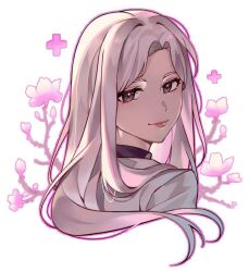 Rule 34 | 1girl, blush, closed mouth, coat, flower, lee seolhwa, long hair, looking at viewer, looking back, omniscient reader&#039;s viewpoint, shirt, simple background, smile, very long hair, white background, white coat, white hair, white shirt