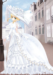 Rule 34 | 1girl, alternate costume, artoria pendragon (all), artoria pendragon (fate), bad id, bad pixiv id, bell line gown, blonde hair, blue eyes, chize, closed umbrella, dress, fate/stay night, fate (series), gown, hat, lace, large hat, planted, planted umbrella, puffy sleeves, saber (fate), solo, umbrella, white dress