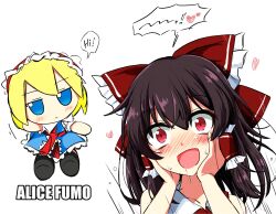 Rule 34 | 1girl, alice margatroid, blonde hair, blue dress, blue eyes, blush, bow, brown hair, capelet, commentary request, doll, dress, drooling, english text, frilled bow, frilled hair tubes, frills, fumo (doll), hair bow, hair tubes, hairband, hakurei reimu, hands on own cheeks, hands on own face, heart, highres, lolita hairband, long hair, open mouth, red bow, red eyes, red hairband, saliva, short hair, smile, solo, speech bubble, spoken heart, touhou, tsuukinkaisoku oomiya, white capelet