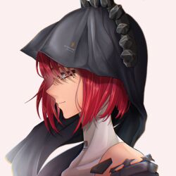 Rule 34 | 1girl, bare shoulders, black veil, closed mouth, collared shirt, crown, from side, grey background, looking at viewer, medium hair, mole, mole under eye, punishing: gray raven, red hair, shirt, solo, thedangman, veil, vera: garnet (sorrowful rose) (punishing: gray raven), white shirt