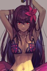 Rule 34 | 1girl, armpits, bikini, breasts, collarbone, fate/grand order, fate (series), flower, grin, hair flower, hair ornament, hungry clicker, looking at viewer, navel, purple eyes, red eyes, scathach (fate), scathach (fate), scathach (swimsuit assassin) (fate), shade, simple background, smile, solo, swimsuit