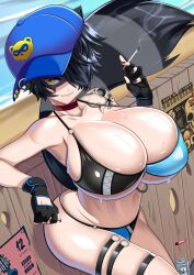 Rule 34 | 1girl, absurdres, animal ears, artist name, baseball cap, beach, beer can, bikini, black gloves, black hair, black nails, blue headwear, breasts, can, choker, cigarette, collarbone, cowboy shot, drink can, fence, gloves, hat, highres, holding, holding cigarette, huge breasts, indie virtual youtuber, multicolored bikini, multicolored clothes, navel, o-ring, o-ring bikini, o-ring thigh strap, pierced hat, raccoon ears, raccoon girl, raccoon tail, red choker, shore, short hair, shoulder tattoo, skull, smoking, snake tattoo, snuffy (vtuber), steve chopz, swimsuit, tail, tattoo, thigh strap, virtual youtuber, yellow eyes