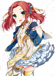 Rule 34 | 1girl, blue skirt, blush, cowboy shot, cropped jacket, eleanor hume, fingerless gloves, frilled skirt, frills, gloves, green eyes, hoshihuri, looking at viewer, red hair, shirt, short hair, skirt, smile, solo, tales of (series), tales of berseria, thighhighs, twintails, white background, white gloves, white shirt, white thighhighs