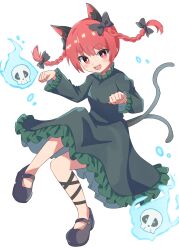 Rule 34 | 1girl, :d, absurdres, animal ear fluff, animal ears, black footwear, black tail, blush, bow, braid, bright pupils, cat ears, cat girl, cat tail, dress, frilled dress, frilled sleeves, frills, full body, ghost, green dress, hair bow, hands up, high meron, highres, kaenbyou rin, long hair, long sleeves, looking at viewer, making-of available, multiple tails, open mouth, paw pose, red bow, red eyes, red hair, shoes, simple background, skull, smile, solo, tail, touhou, twin braids, two tails, white background, white pupils
