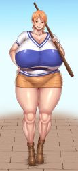 Rule 34 | 1girl, absurdres, boots, breasts, brown footwear, cleavage, curvy, female focus, gigantic breasts, hand on own hip, hand on own hip, highres, nami (one piece), one piece, open mouth, orange hair, over shoulder, plump, short hair, solo, staff (weapon), tagme, thick thighs, thighs, weapon, weapon over shoulder, wide hips, wooden staff, yosin