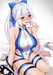 Rule 34 | 1girl, bare shoulders, blue bow, blue one-piece swimsuit, bow, breasts, covered erect nipples, fate/grand order, fate (series), hair between eyes, hair bow, head-mounted display, highleg, highleg swimsuit, highres, hitachi magic wand, konka, large breasts, long hair, looking to the side, one-piece swimsuit, open mouth, ponytail, red eyes, sex toy, silver hair, smile, swimsuit, thigh strap, thighs, tomoe gozen (fate), tomoe gozen (swimsuit saber) (fate), two-tone swimsuit, vibrator, white one-piece swimsuit