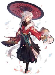Rule 34 | 1girl, ahoge, alternate costume, azur lane, black skirt, blush, boots, brown footwear, closed mouth, cross-laced footwear, floral print, flower, folding fan, full body, fur collar, hair between eyes, hair flaps, hair flower, hair ornament, hakama, hakama short skirt, hakama skirt, hand fan, holding, holding fan, holding umbrella, huanxiang heitu, japanese clothes, kimono, lace-up boots, logo, long hair, looking at viewer, montpelier (azur lane), montpelier (flower of the snowy night) (azur lane), obi, official art, oil-paper umbrella, red eyes, red kimono, remodel (azur lane), sash, silver hair, skirt, solo, transparent background, umbrella, very long hair