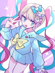 Rule 34 | 1girl, blonde hair, blue bow, blue eyes, blue hair, blue nails, blue shirt, blue skirt, bow, chouzetsusaikawa tenshi-chan, hair bow, hair ornament, heart, heart hair ornament, long hair, long sleeves, looking at viewer, multicolored hair, multicolored nails, n07m25s, nail polish, needy girl overdose, open mouth, pink bow, pink hair, pink nails, pleated skirt, purple bow, quad tails, sailor collar, school uniform, serafuku, shirt, skirt, solo, very long hair, w, yellow bow