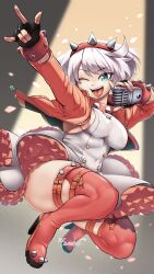 Rule 34 | 1girl, :p, ahoge, aqua eyes, black gloves, blush, boots, bracelet, breasts, clover, collar, dress, elphelt valentine, fingerless gloves, four-leaf clover, frilled dress, frills, gloves, guilty gear, guilty gear strive, hairband, highres, holding, holding microphone, huge ahoge, jacket, jewelry, large breasts, long sleeves, looking at viewer, microphone, one eye closed, open mouth, pink dress, pink footwear, pink hairband, pink jacket, pink nails, ravenhart, short hair, sideboob, smile, spiked bracelet, spiked collar, spiked hairband, spikes, thigh boots, tongue, tongue out, two-tone dress, white dress, white hair
