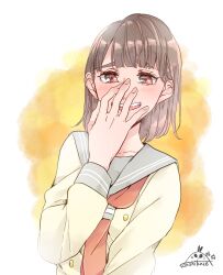 Rule 34 | 1girl, blush, brown hair, collarbone, covering own mouth, grey sailor collar, hand over own mouth, highres, inami anju, kashikaze, laughing, long sleeves, looking at viewer, love live!, love live! sunshine!!, neckerchief, open mouth, real life, red eyes, red neckerchief, sailor collar, school uniform, serafuku, shirt, signature, solo, takami chika, teeth, upper body, upper teeth only, uranohoshi school uniform, voice actor, voice actor connection, white shirt