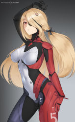 Rule 34 | 1girl, absurdres, arm up, blonde hair, bodysuit, covered navel, cowboy shot, gradient background, grey background, highres, hioyami, long hair, looking at viewer, nemesis (tower of fantasy), parted lips, red eyes, simple background, solo, tower of fantasy