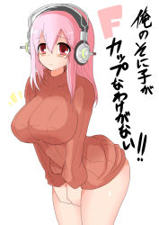 Rule 34 | 1girl, bottomless, breasts, covering privates, covering crotch, female focus, headphones, huge breasts, large breasts, leaning forward, light smile, long hair, naked sweater, nitroplus, pink hair, red eyes, ribbed sweater, ririfu, simple background, solo, standing, super sonico, sweater, text focus, thighs, translated, white background, wide hips