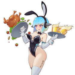 Rule 34 | 1girl, android, android mk.99, animal ears, ass, bare shoulders, beer mug, bird, black bow, black bowtie, black leotard, blue hair, blunt bangs, bow, bowtie, breasts, broccoli, chicken, cleavage, commentary request, convenient censoring, covered navel, cowboy shot, cup, curled fingers, detached collar, drill, elbow gloves, eyelashes, fake animal ears, fake tail, gloves, guardian tales, highleg, highleg leotard, highres, holding, holding tray, joker.z, leotard, lettuce, medium breasts, mug, no bra, official alternate costume, open mouth, rabbit tail, red eyes, short hair, simple background, solo, strapless, strapless leotard, tail, thick eyelashes, thighhighs, thighs, tomato, tray, white background, white gloves, white thighhighs, wrist cuffs