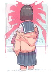 Rule 34 | 1girl, arm at side, blue sailor collar, blue skirt, brown hair, colored inner hair, commentary request, cropped legs, drawing (object), facing away, flower, from behind, hair flower, hair ornament, hairclip, hand on wall, hand up, highres, hood, hood down, hooded jacket, jacket, multicolored hair, norikoi, norikoi-chan (norikoi), off shoulder, orange jacket, original, paint splatter, pink flower, pink hair, pinstripe pattern, pinstripe skirt, pleated skirt, ripples, sailor collar, shirt, short hair, signature, simple background, skirt, sleeves past wrists, solo, star (symbol), star hair ornament, striped, translation request, virtual youtuber, white background, white shirt