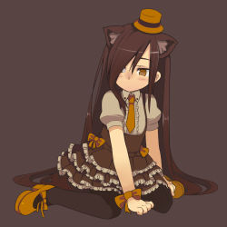 Rule 34 | 1girl, animal ears, black pantyhose, brown hair, cat ears, child, coffee, dress, frills, georgia max coffee, hair over one eye, hat, highres, long hair, mini hat, mini top hat, necktie, original, oza watto, pantyhose, personification, simple background, sitting, solo, top hat, very long hair, wariza, yellow eyes
