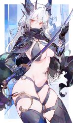 Rule 34 | 1girl, absurdres, bikini, black bikini, black cape, black gloves, black horns, black thighhighs, breasts, cape, cocoballking, commentary request, commission, gauntlets, gloves, hand on blade, highres, holding, holding sword, holding weapon, horns, katana, knee up, large breasts, long hair, looking at viewer, midriff, multiple horns, navel, original, pixiv commission, red eyes, solo, stomach tattoo, swimsuit, sword, tattoo, thigh strap, thighhighs, weapon, white hair