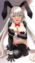 Rule 34 | 1girl, animal ears, black gloves, black thighhighs, blush, bow, bowtie, breasts, cleavage, covering privates, covering breasts, cross pasties, crossed bandaids, elbow gloves, embarrassed, fake animal ears, fate/grand order, fate (series), gloves, groin, highres, jeanne d&#039;arc (fate), jeanne d&#039;arc alter (fate), large breasts, long hair, looking at viewer, meme attire, navel, open mouth, partially visible vulva, pasties, rabbit ears, red bow, reverse bunnysuit, reverse outfit, stomach, thighhighs, thighs, very long hair, white hair, wrist cuffs, yellow eyes