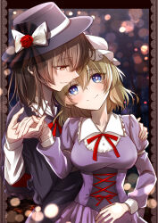 Rule 34 | 2girls, absurdres, black capelet, black headwear, black skirt, blonde hair, blue eyes, bow, bowtie, bright pupils, brown eyes, brown hair, capelet, closed mouth, collared dress, collared shirt, corset, dress, hat, highres, holding hands, juliet sleeves, kinese (katasutorohu), long sleeves, looking at another, maribel hearn, mob cap, multiple girls, puffy sleeves, purple dress, red ribbon, ribbon, shirt, short hair, skirt, smile, touhou, usami renko, white bow, white headwear, white pupils, white shirt