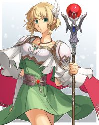 Rule 34 | 1girl, armor, asagi (banzoku210), blonde hair, capelet, dress, fire emblem, fire emblem: genealogy of the holy war, fire emblem: thracia 776, green eyes, hair ornament, highres, holding, holding staff, jewelry, nanna (fire emblem), necklace, nintendo, short hair, shoulder armor, simple background, solo, solo focus, staff, white armor