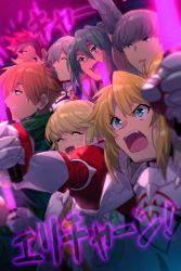 Rule 34 | 1girl, 1other, 5boys, armor, bedivere (fate), blonde hair, brown eyes, brown hair, cape, cheering, chevalier d&#039;eon (fate), closed eyes, commentary request, echo (circa), fate/grand order, fate (series), gauntlets, glowstick, green cape, green eyes, green hair, grey hair, grin, hair between eyes, height difference, holding, holding glowstick, holding stick, knight, long hair, looking away, mordred (fate), mordred (fate/apocrypha), multiple boys, napoleon bonaparte (fate), open mouth, orange hair, pointy hair, ponytail, robin hood (fate), short hair, smile, stick, sweatdrop, teeth, tongue, twitter username, upper body, upper teeth only, watanabe no tsuna (fate), white cape