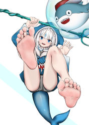 Rule 34 | 1girl, absurdres, animal hood, barefoot, bloop (gawr gura), blue eyes, blue hoodie, blush, drawstring, feet, fins, fish tail, foot focus, gawr gura, highres, hololive, hololive english, hood, hood up, hoodie, long hair, looking at viewer, multicolored hair, open mouth, panties, pantyshot, polearm, shark girl, shark hood, shark hoodie, shark tail, sharp teeth, shorts, simple background, soles, solo, streaked hair, tail, teeth, toes, trident, underwear, virtual youtuber, weapon, white hair, white shorts