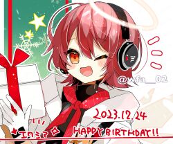 Rule 34 | 1girl, arknights, box, commentary request, dated, exusiai (arknights), exusiai (city rider) (arknights), gift, gift box, halo, happy birthday, headphones, holding, holding gift, itsuki 02, official alternate costume, one eye closed, open mouth, red eyes, red hair, short hair, solo, upper body, yellow halo