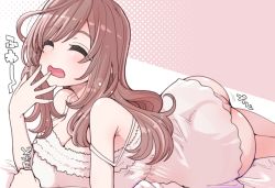Rule 34 | 1girl, ass, bare shoulders, blush, breast rest, breasts, brown hair, cleavage, dress, covered erect nipples, closed eyes, feet out of frame, hanauna, hand to own mouth, idolmaster, idolmaster shiny colors, large breasts, lying, on bed, on side, open mouth, pajamas, panties, pink dress, pink panties, solo, strap slip, tsukioka kogane, underwear, wide hips, yawning