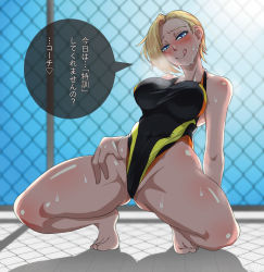 Rule 34 | 1girl, absurdres, aruruaru r, black one-piece swimsuit, blonde hair, blue eyes, blush, breasts, competition swimsuit, covered navel, hand on own hip, highres, large breasts, magicami, one-piece swimsuit, short hair, single sidelock, squatting, sweat, swimsuit, thick thighs, thighs, tongue, tongue out, translation request, yukifune eriza
