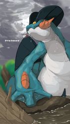 Rule 34 | blurry, blurry background, branch, cloud, cloudy sky, colored sclera, commentary request, creatures (company), game freak, gen 3 pokemon, highres, looking away, nintendo, no humans, pokemon, pokemon (creature), sky, solo, swampert, twitter username, water, wet, yellow sclera, yunimaru