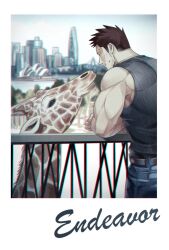 Rule 34 | 1boy, animal, bara, belt, black tank top, boku no hero academia, character name, ching 32, cityscape, crossed arms, denim, endeavor (boku no hero academia), facial hair, giraffe, jeans, leaning forward, looking at another, male focus, mature male, muscular, muscular male, pants, red hair, scar, scar across eye, scar on face, short hair, sideburns, solo, spiked hair, sweatdrop, sydney opera house, tank top
