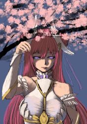 Rule 34 | 1girl, absurdres, armor, armored dress, bare shoulders, bow, bowtie, bracer, breasts, cherry blossoms, cherry tree, collarbone, detached sleeves, dorothy (nikke), dress, frilled dress, frills, goddess of victory: nikke, hair between eyes, hair bun, hand up, headgear, highres, large breasts, lips, long hair, looking at viewer, mero (ilsttkgbz11), outdoors, pink hair, purple bow, purple bowtie, purple eyes, shaded face, skin tight, solo, upper body, white dress