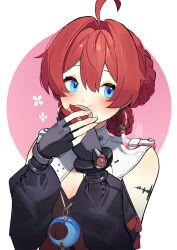 Rule 34 | 1girl, absurdres, ahoge, blue eyes, blush, braid, crescent, crescent necklace, danjin (wuthering waves), eating, fingerless gloves, gloves, hair intakes, highres, jewelry, necklace, ofuda earrings, pink background, red hair, solo, tostantan, two-tone background, white background, wuthering waves