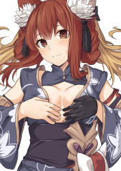 Rule 34 | 1girl, animal ears, anthuria, bare shoulders, black gloves, black kimono, blush, breasts, brown eyes, cleavage cutout, closed mouth, clothing cutout, erune, gloves, granblue fantasy, japanese clothes, kimono, large breasts, long hair, looking at viewer, red hair, sash, shiseki hirame, sidelocks, single glove, solo