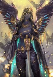 Rule 34 | 1boy, bird, black cape, black hair, black pants, black wings, bracelet, cape, chain, claw ring, closed mouth, colored sclera, commentary request, cowboy shot, crow, dark-skinned male, dark skin, earrings, feathered wings, feathers, gold, gold chain, gold trim, hands on hilt, headpiece, jewelry, korean commentary, light particles, long hair, looking at viewer, male focus, neck ring, necklace, oollnoxlloo, pants, ring, solo, spread wings, standing, sword, topless male, very dark skin, weapon, wing ornament, wings, yellow eyes, yellow sclera