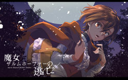 Rule 34 | 1girl, basket, blouse, branch, breasts, brown cloak, brown eyes, brown hair, character name, choker, cloak, dress, english text, engrish text, evillious nendaiki, forest, frilled shirt, frills, full moon, highres, holding, holding basket, hood, hood down, hooded cloak, large breasts, leaf, looking at viewer, majo salmhofer no toubou (vocaloid), meiko (vocaloid), meta salmhofer, moon, nature, night, open mouth, ranguage, red dress, ribbon, shirt, short hair, silhouette, song name, surprised, tree, typo, ui (rot), vocaloid, white shirt