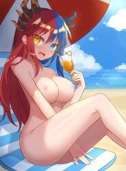 Rule 34 | 1girl, asymmetrical horns, bare arms, bare legs, bare shoulders, beach, blue eyes, blue hair, blue horns, blush, breasts, bright pupils, chair, completely nude, cup, dragon girl, dragon horns, drinking glass, drinking straw, exhibitionism, heterochromia, highres, horns, inferna dragnis (xoldrek), juice, large breasts, long hair, looking at viewer, mismatched horns, multicolored hair, nipples, non-web source, nude, ocean, on chair, orange eyes, orange horns, orange juice, original, outdoors, pale skin, public indecency, public nudity, red hair, sand, scenery, sitting, smile, solo, split-color hair, swimsuit, symbol-shaped pupils, two-tone hair, umbrella, usagi1923, water, white pupils, wine glass