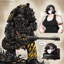 Rule 34 | 1girl, abs, armor, biceps, black tank top, blue eyes, brown hair, commission, genderswap, heavy bolter, highres, iron warriors, mechanical parts, multiple views, muscular, muscular female, octosoup, power armor, shell casing, solo, space marine, tank top, warhammer 40k