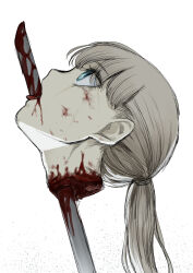Rule 34 | blonde hair, blood, blue eyes, corpse, death, guro, highres, impaled, kubikiri, long hair, original, ponytail, severed head, sword, weapon