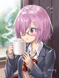 Rule 34 | 1girl, black-framed eyewear, black jacket, blazer, blue sky, blurry, blurry background, blush, bow, bowtie, collared shirt, commentary request, day, depth of field, fate/grand order, fate (series), flying sweatdrops, glasses, hair over one eye, holding mug, indoors, jacket, long sleeves, looking away, mash kyrielight, open clothes, open jacket, parted lips, pink hair, plaid, plaid bow, plaid bowtie, plaid neckwear, purple eyes, red bow, red bowtie, school uniform, shirt, short hair, sky, sleeves past wrists, solo, steam, sweater, tree, twitter username, tyone, whipped cream, white shirt, window